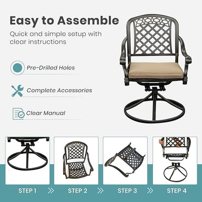 Set of 8 Cast Aluminum Patio Chairs with Cushions, All-Weather Aluminum Outdoor Swivel Chairs, Metal Outdoor Rocking Chairs for Backyard, Poolside and Bistro (Khaki, 8 Pieces)