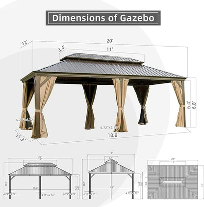 Domi Outdoor Living 12’ X 20’ Hardtop Gazebo, Outdoor Aluminum Frame Canopy with Galvanized Steel Double Roof, Outdoor Permanent Metal Pavilion with Curtains and Netting for Patio, Backyard and Lawn