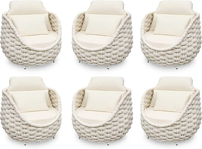 Patio Accent Chairs Set of 6: Aluminum Porch Lounge Chair with Arms - Woven Rope Cushioned Armchair - Modern One Seater Sofa - Outdoor Deck Furniture for 400lbs Balcony Yard Garden Hotel, Beige
