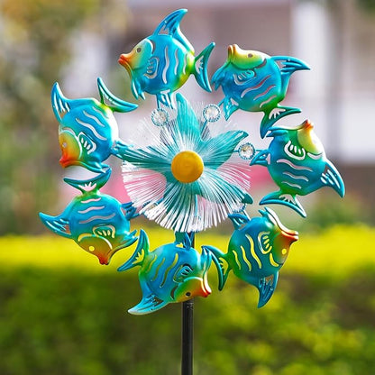 Tropical Fish Solar Wind Spinner Outdoor,51'' Windmill Ocean Theme with Gem Decor Color Changing LED Light Kinetic Wind Sculpture Garden Stakes Yard Art for Patio,Pathway,Lawn,Swimming Pool