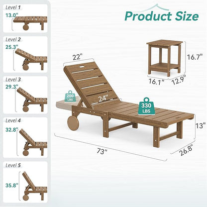 Outdoor Chaise Lounge Chairs with Table, 2-Piece, 26.8” Super Wide Lounge Chair Outdoor, HDPS Pool Chairs with 5 Positions, Patio Lounge Chair with Wheels for Pool,Lawn,Backyard, Brown