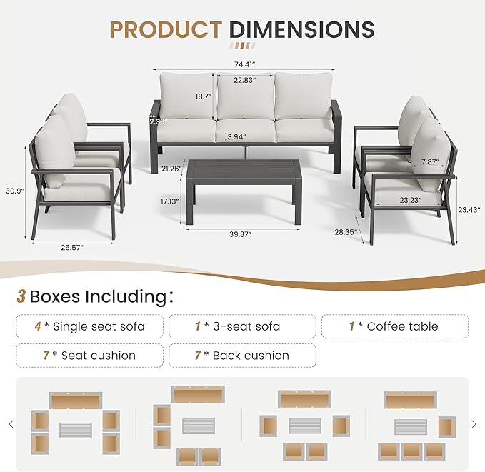 7 Seats Patio Conversation Set, Aluminum Outdoor Furniture Set Sectional Sofa with Upgrade Cushion and Coffee Table for Balcony, Porch,Garden,Backyard