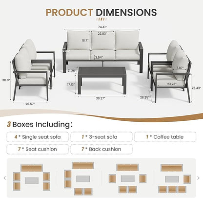 7 Seats Patio Conversation Set, Aluminum Outdoor Furniture Set Sectional Sofa with Upgrade Cushion and Coffee Table for Balcony, Porch,Garden,Backyard
