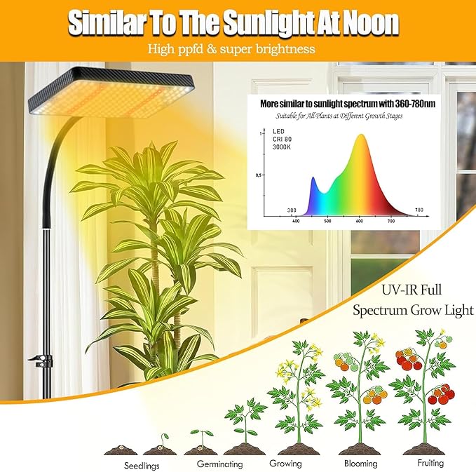 Tall Bonsai Tree Grow Light with Stand, 25 Watt Standing Plant Growing Lamps for Large Houseplants, Adjustable 12"-48" Tripod Stand Grow Light, Daisy Chain Function, On/Off Switch