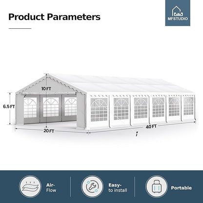MFSTUDIO 20'x40' Party Tent, Outdoor Heavy Duty Party Tents with Removable Sidewalls, Large Canopy Tent Shelter for Outdoor Events Wedding Birthday, White