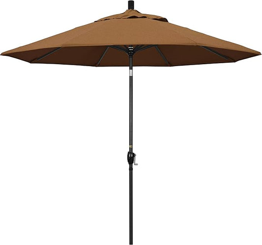 California Umbrella 9' Round Aluminum Market Umbrella, Crank Lift, Push Button Tilt, Black Pole, Sunbrella Teak