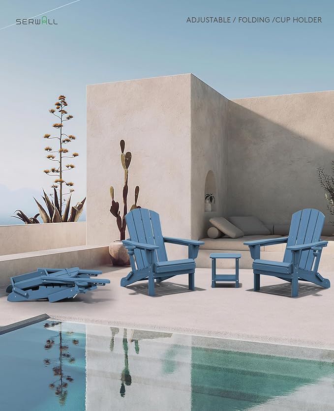 SERWALL Folding Adirondack Chair Set with 9 Ft Umbrella, Adjustable HDPE Adirondack Chair with 3 Recline Positions, Blue (Umbrella Base is not Included)