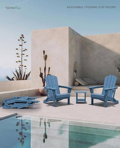 SERWALL Folding Adirondack Chair Set of 8, Adjustable Adirondack Chair with 3 Recline Positions, All Weather HDPE Outdoor Adirondack with Cup Holders, Blue