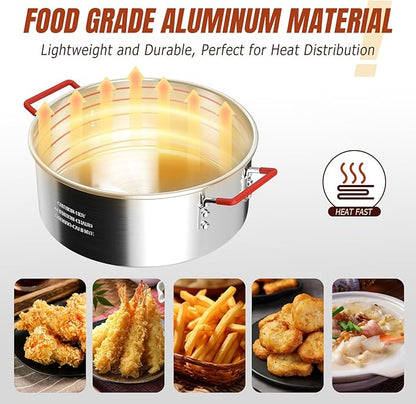 10QT Aluminum Fish Fryer Pot with Basket | Deep Fryer with Lid | Thermometer | Fryer Tongs & Easy Grip Handle for Cooking Seafood | French Fries | Chicken Wings