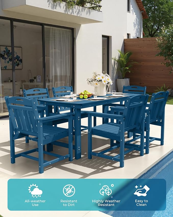 Ciokea HDPE Outdoor Dining Set 7-Piece Patio Table and Chairs with Umbrella Hole, All-Weather Patio Dining Set for 6, Durable Patio Furniture Set for Backyard, Garden, Lawn & Poolside, Navy Blue