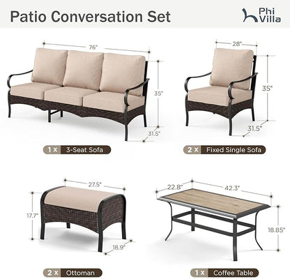 PHI VILLA Outdoor Modern Patio Furniture Set, Upgraded Wicker&Metal Patio Furniture Conversation Set with Waterproof Thick Cushions for Porch, Poolside, Deck, and Yard (6 Pieces,Beige)