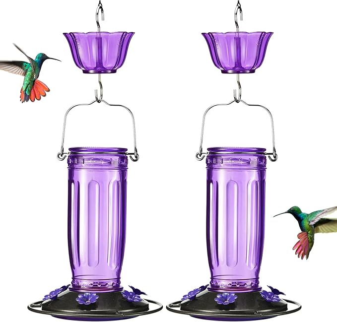 Kingsyard 2 Pack Glass Hummingbird Feeder for Outdoors, 16 Oz Wild Bird Feeder with 6 Feeding Ports Hanging for Garden Yard, Purple (Ant Moat Included)