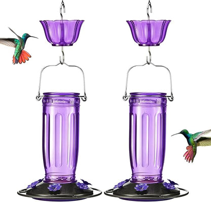 Kingsyard 2 Pack Glass Hummingbird Feeder for Outdoors, 16 Oz Wild Bird Feeder with 6 Feeding Ports Hanging for Garden Yard, Purple (Ant Moat Included)