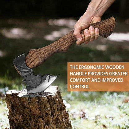 14.7" Hatchet, Camping Hatchets with 1065 Carbon Steel & Wooden Handle, Bushcraft Hatchet with Leather Sheath and Sharpener, Survival Axe for Wood Chopping, Cutting and Splitting