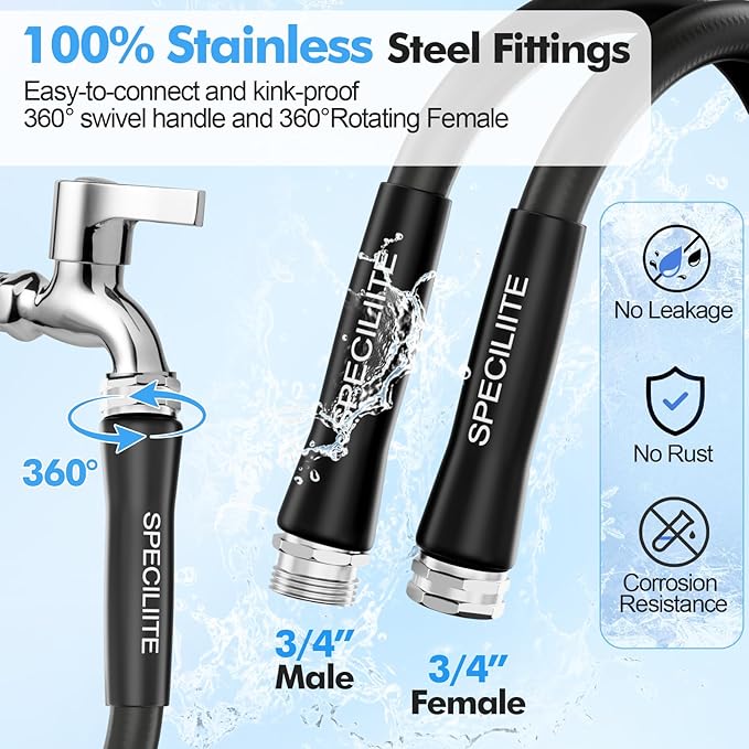 SPECILITE 5/8" Hot/Cold Water Hose 100 ft with High Flow Nozzle,Heavy Duty Flexible Rubber Garden Hose -50℉ to 158℉ With 3/4" Stainless Steel Fittings for Yard, Outdoor, Farm, Lightweight, Black