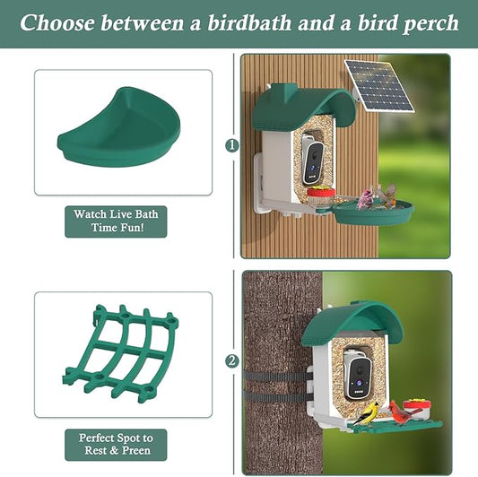 Bird Feeder with Camera, 2-in-1 Bird Bath and Perch, 3K Live View, Squirrel-Proof Cable, 2.4G WiFi, AI Detection, Instant Arrival Alerts, Backyard Birdwatching Gift for Birdlovers