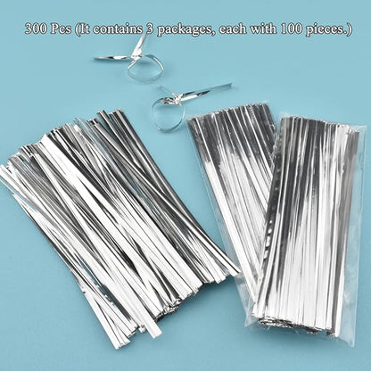 HAHIYO 300Pcs 4 Inches Silver Metal Twist Ties for Bread, Candy, Coffee, Plant Garden, Cellophane Treat Bags, Gift Wrapping, Halloween Party, Cake Present, Art Crafts