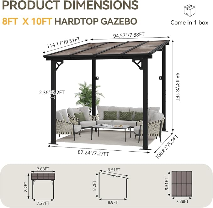 Aoxun 8’x10’ Gazebo, Wall Mounted Gazebos Pergola on Clearance, Outdoor Patio, Large Wall-Mounted Heavy Duty Awnings for Patio, Decks, Backyard（Black）