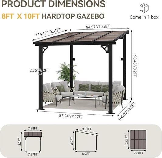 Aoxun 8’x10’ Gazebo, Wall Mounted Gazebos Pergola on Clearance, Outdoor Patio, Large Wall-Mounted Heavy Duty Awnings for Patio, Decks, Backyard（Black）