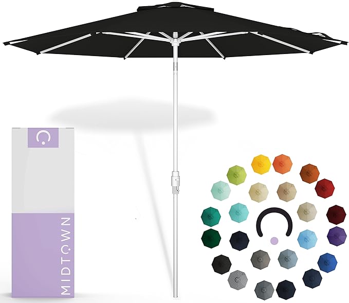 Midtown Umbrellas The Swilt 10 Feet Patio Umbrella in Sunbrella Black Acrylic Fabric - Fiberglass Ribs, Auto-Tilt Aluminum Frame For Backyard, Deck, Garden, Pool - White Pole