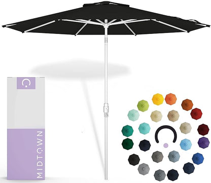 Midtown Umbrellas The Swilt 8 Feet Patio Umbrella in Sunbrella Black Acrylic Fabric - Fiberglass Ribs, Auto-Tilt Aluminum Frame For Backyard, Deck, Garden, Pool - White Pole