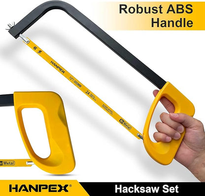 12in. High-Tension Hacksaw Frame with 5pcs Extra Bi-metal Blades, Hand Saw Suitable for Metal, wood, PVC, Carpentry