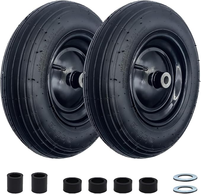 2-Pack 14.5-Inch Wheelbarrow Tire.3.50-8" Pneumatic Tires and wheels with 3"- 6" Center Hub and 3/4" Bushings for Wheelbarrow Lawn Mover Replacement.