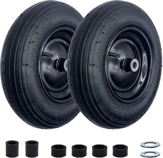 2-Pack 14.5-Inch Wheelbarrow Tire.3.50-8" Pneumatic Tires and wheels with 3"- 6" Center Hub and 3/4" Bushings for Wheelbarrow Lawn Mover Replacement.