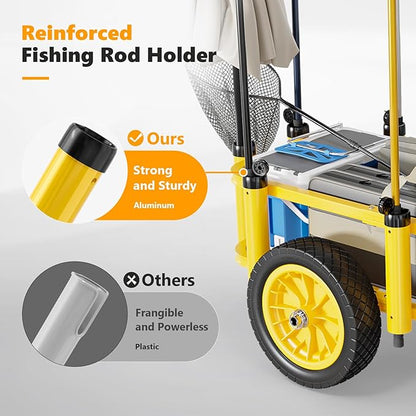 Bonnlo Beach Fishing Cart, Beach Wagon Trolley with 12" Big No-Flat Airless Tires, Foldable Beach Trailer with Large 36" x 16" Cargo Basket, 250 lbs Load Capacity, 7 Fishing Rods Holder