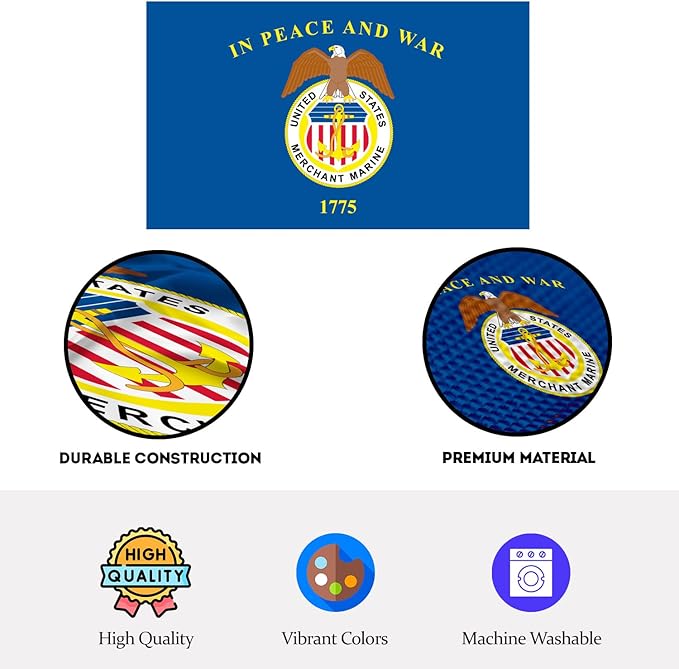 AGAS United States Merchant Marines Boat Flag 12x18 inch - Printed 200D Nylon Canvas Header Two Brass Grommets US Merchant Marines Nautical Flag