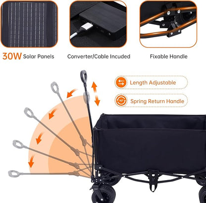 Nice C Wagon with Canopy, Collapsible Wagon, Foldable Wagons, 30W Portable Solar Panel w/USB, Type-C & DC Charging Cable, All-Terrain Wheels