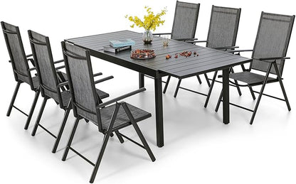 PHI VILLA 7 Piece Outdoor Patio Dining Set, Adjustable Folding Patio Chairs Reclining (Grey) with Extendable Metal Steel Dining Table for Outdoor, Garden, Lawn