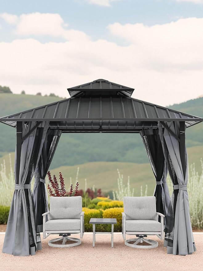10' x 10' Hardtop Gazebo, Aluminum Frame Outdoor Patio Gazebos with Netting and Curtains, Outdoor Gazebo Canopy, Patio Pergola with Double Steel Roofs for Backyard, Patio, Deck, Slate Gray