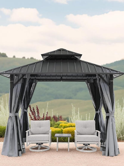 10' x 10' Hardtop Gazebo, Aluminum Frame Outdoor Patio Gazebos with Netting and Curtains, Outdoor Gazebo Canopy, Patio Pergola with Double Steel Roofs for Backyard, Patio, Deck, Slate Gray