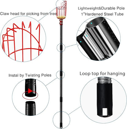 DonSail Fruit Picker Pole with Basket Telescoping, Citrus Orange Picker Pole with Basket 35-150 inch Long Handle, Mango Avocado Fig Acorn Pear Pomelo Chery Lemon Picker for Tree