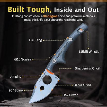 OUTDOOR ELEMENT Contour Feather Survival and Culinary Knives – VG10 Steel Fixed Blade with Fire Starter, Hex Driver, Knife Sharpener, Sheath & Built in Whistle - Built For Camping & Outdoor Adventure