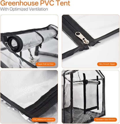 Bstrip Indoor Greenhouse with Grow Light, Mini PVC Tent with PE Base Mat, Ventilation Windows & Zippered Door, 18W Tabletop Greenhouse Light for Seed Starting with Timer, 23.8" x 15.7" x 20.5"