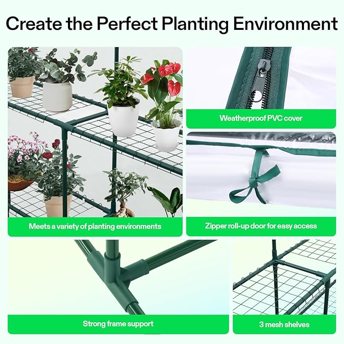 VIVOSUN 57x57x77-Inch Transparent Mini Walk-in Green House with Window and Anchor, Plant Garden Hot House 2 Tiers 8 Shelves, 4.7 x 4.7 x 6.4 FT