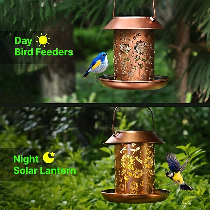 2pack Solar Bird Feeders Outdoors Hanging Metal Bird Feeder Chewproof Waterproof Dragonfly Lantern Decorative Garden, Patio, Landscape, Gifts for Women Birds Lovers