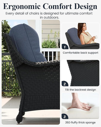 LayinSun 3 Piece Wicker Outdoor Furniture Set with 6-inch Comfy Cushions, High Back Patio Furniture Set with Rattan Armchairs and Side Table