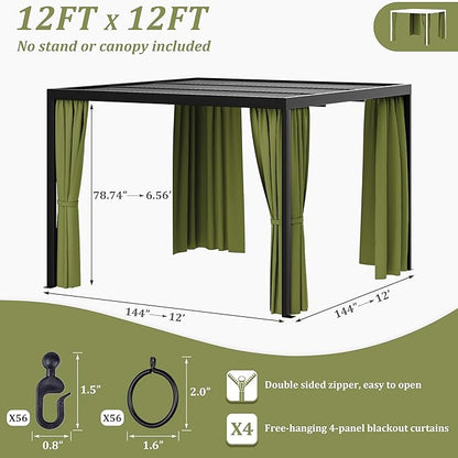 Gazebo Universal Replacement Privacy Curtain,12'×12' Gazebo Outdoor Waterproof Curtains, 4-Panels Sidewall Curtains with Double Zipper for Patio Canopy, Garden and Backyard (Curtain Only)