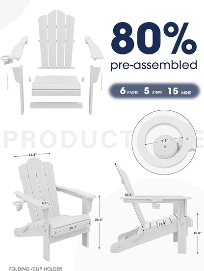 KINGYES Folding Adirondack Chair Set of 8, HDPE All-Weather Patio Chairs with Cup Holder, Wooden Textured Fire Pit Chairs for Poolside, Backyard, Deck, White