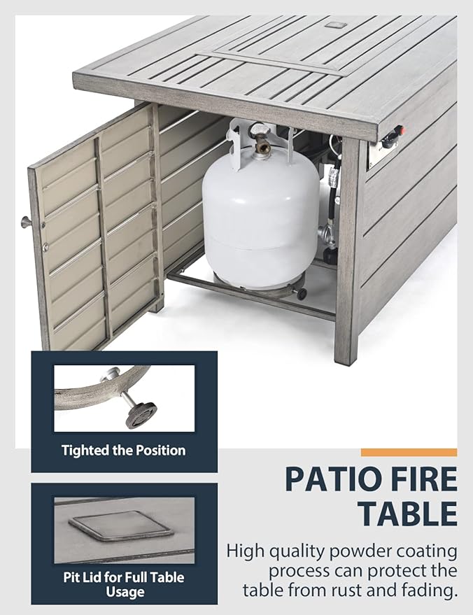 Propane Fire Pit Table, HAPPATIO 48inch 50000 BTU Gas Fire Pit with Aluminum Slats Table Top, Lid, Black Glass Rock, Aluminum Fire Table,CSA Safety Certified for Outside Patio(Gray)