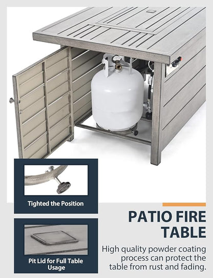 Propane Fire Pit Table, HAPPATIO 48inch 50000 BTU Gas Fire Pit with Aluminum Slats Table Top, Lid, Black Glass Rock, Aluminum Fire Table,CSA Safety Certified for Outside Patio(Gray)