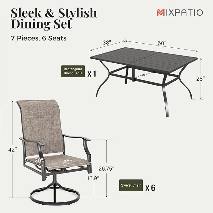 Patio Dining Set, 7 Person Outdoor Table and Chairs, 6 x Textilene Swivel Dining Chairs and 60" Rectangle Black Table, for Cozy Garden Settings, Grayish Brown