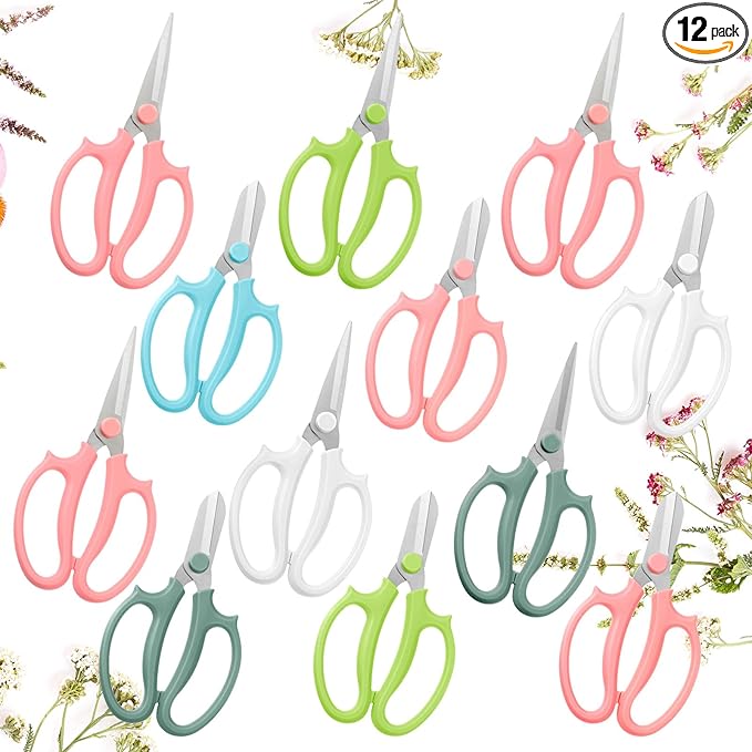 12 Pcs Gardening Tools Flower Scissors Flower Bar Supplies Pastel Rainbow Color Pruning Scissors Floral Shears Stainless Steel Garden Clippers Cutters for Branches Leaves, Gift for Women(Cute Color)