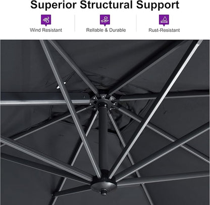 PURPLE LEAF 10 Feet Patio Umbrella Outdoor Cantilever Square Umbrella Aluminum Offset Umbrella with 360-degree Rotation for Garden Deck Pool Patio, Grey