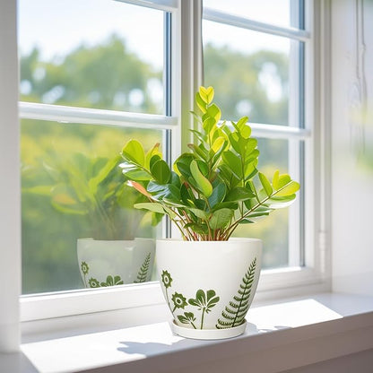 Indoor Plant Pot 6.8 Inch - Ceramic Planter for Indoor Flowers with Drainage Hole and Saucer, Boho Round Decorative Outdoor Flower Pot, Gifts for Plant Lovers, Garden Office Home Decor, White