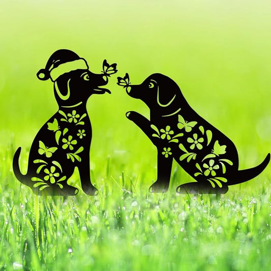 Metal Dog Garden Decor/Stakes,Gifts for Mother/Father/Dog Lovers,17" Outdoor Patio Decorative/Yard Art Statues,Weather Resistant Steel Animal Sculptures-Puppy Signs Lawn Ornaments,Set of 2.
