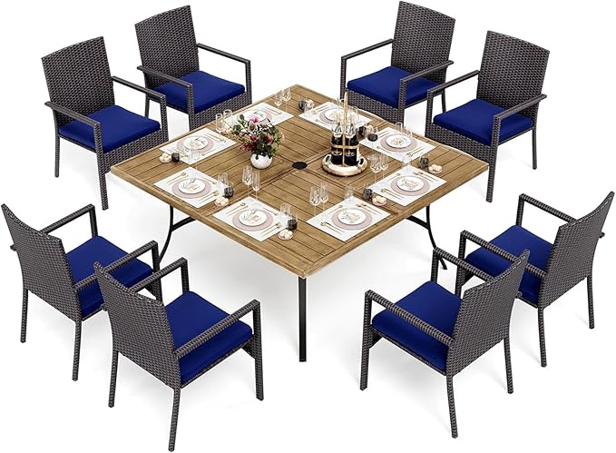PHI VILLA 9-Piece Outdoor Dining Set for 8, 60" Wood-Like Square Metal Steel Dining Table & Rattan Wicker Chairs with Cushions, Patio Dining Set
